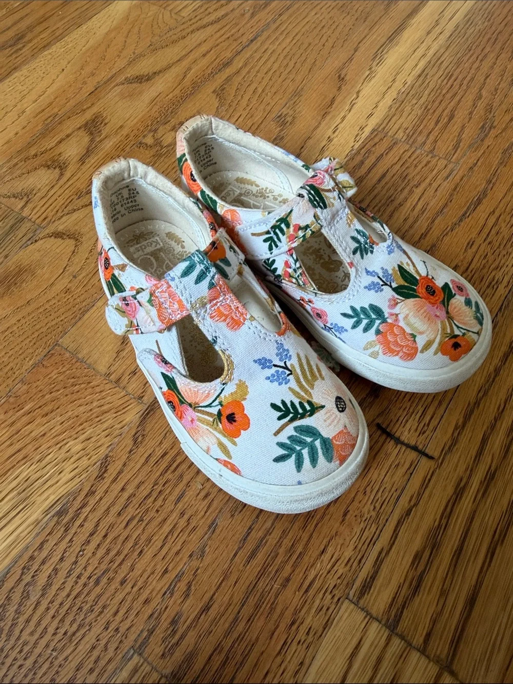 Keds Girls Floral Mary Janes in Cream with Orange & Pink